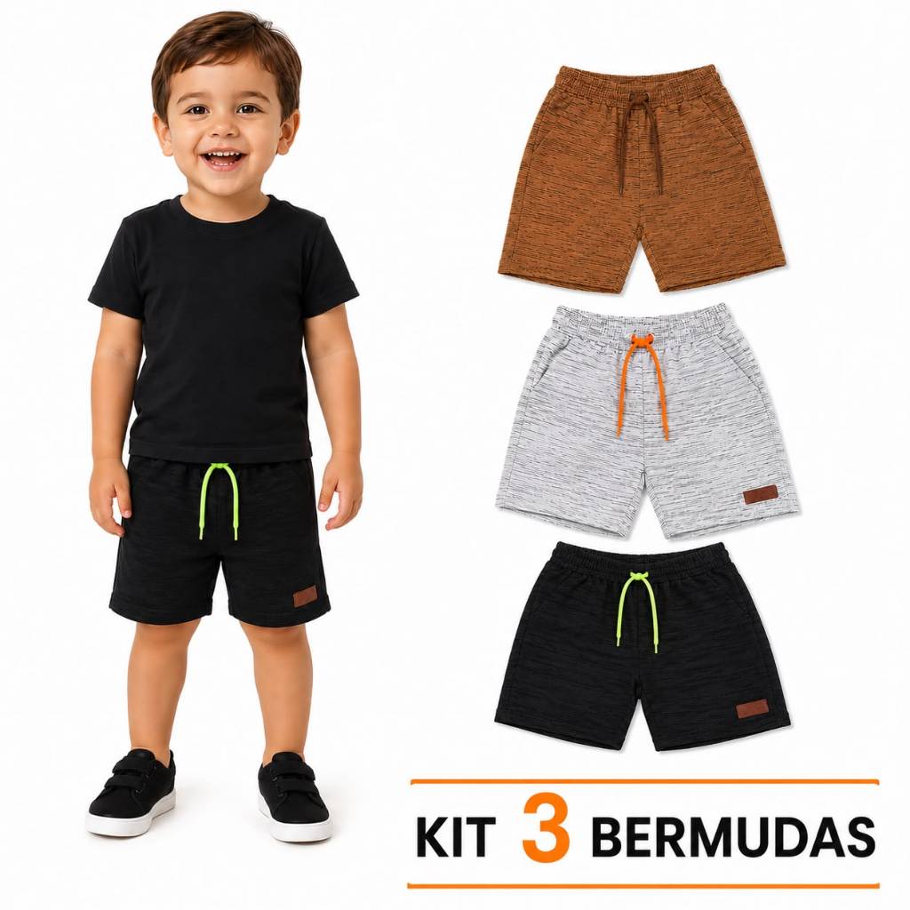 Kit 3 Bermudas Para Menino - Moletinho de Algodão - Kit Sortido Bermuda Infantil Masculino