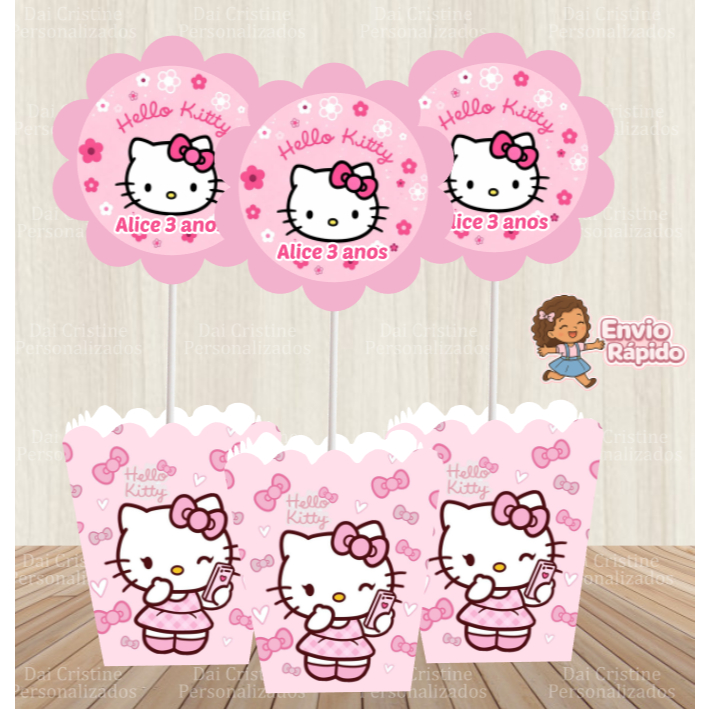 kit  Centro de Mesa Personalizado Caixa Cachepot Hello kitty  Cachepô Enfeite Arranjo