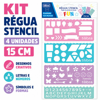Kit Régua Stencil 15cm Tilibra Fun 4 Letras Números Símbolos Molde Desenho Planner Escolar Criativo
