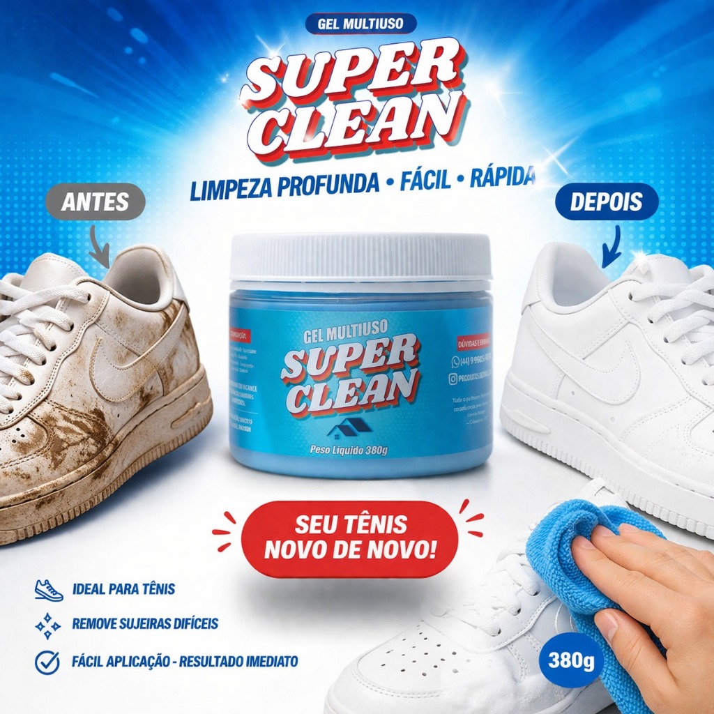 LIMPA TÊNIS À SECO + ESPONJA - limpa Couro, couro sintético, tecido, borracha e plástico - SUPER CLEAN 350g