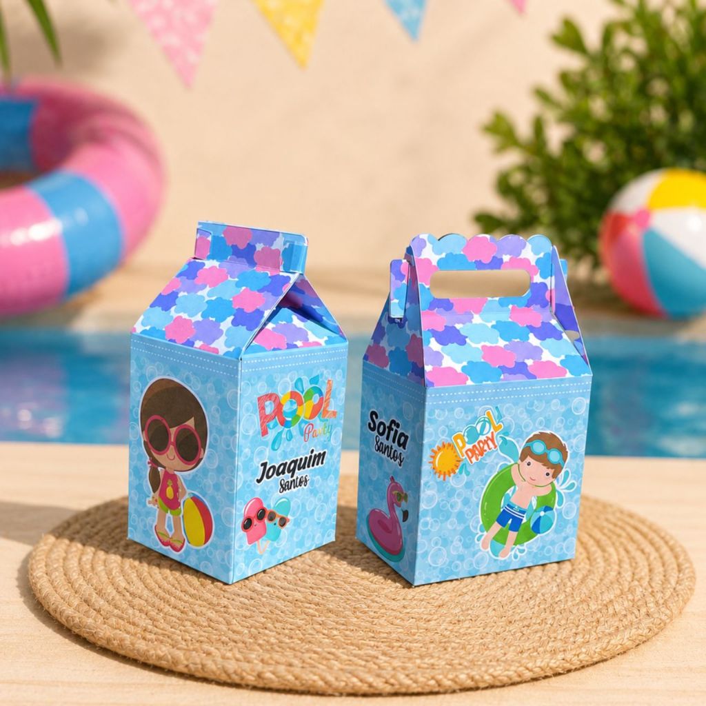Lembrancinha de aniversario Pool Party Menino/Menina/Kit 20 lembrancinha personalizada 10 caixa Milk/10 caixa Maleta