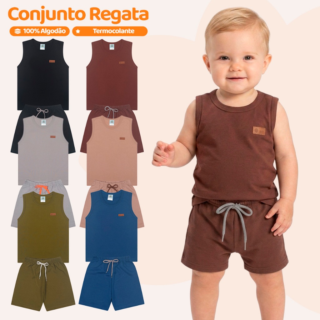 Kit 3 Conjuntos Regatas Monocromático Bebê Menino Básica Lisa Camiseta Masculino