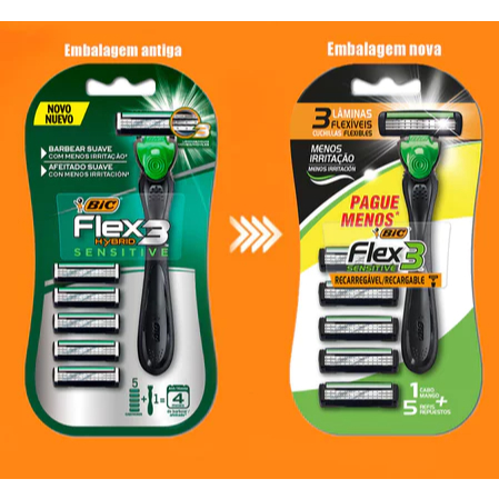 Barbeador BIC Flex 3 Recarregável Sensitive Preto com 5 Lâminas - 3 Lâminas Móveis Cabeça Móvel Alça Ergonômica