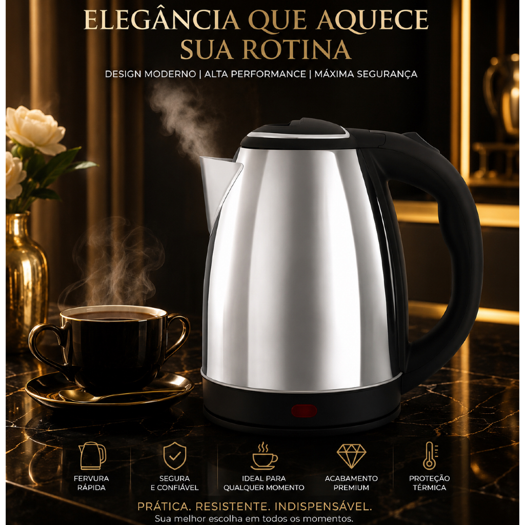 Chaleira Elétrica Inox 1,8L 1500W  Aquecimento Rápido Desligamento Automático Design Moderno ThermaLux 110v