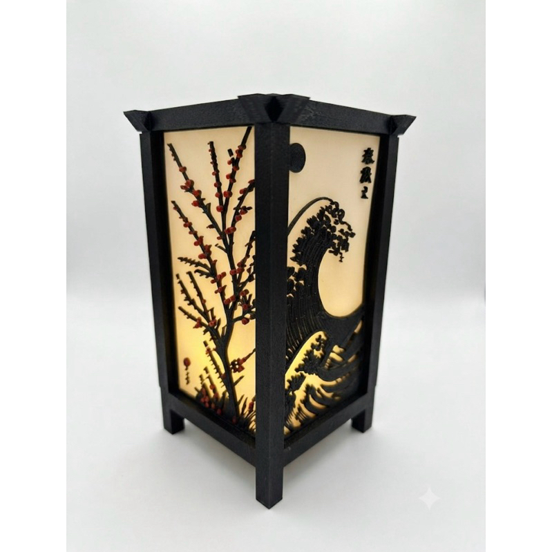 Imagem Luminaria Oriental Shoji Estetica Japonesa Onda Kanagawa e Bonsai Decorão Zen