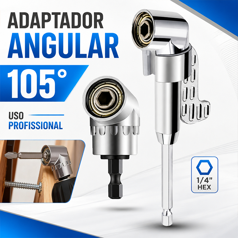 Adaptador Angular Metálico 105° Curto 65mm Longo 130mm Resistente para Parafusadeira e Furadeira