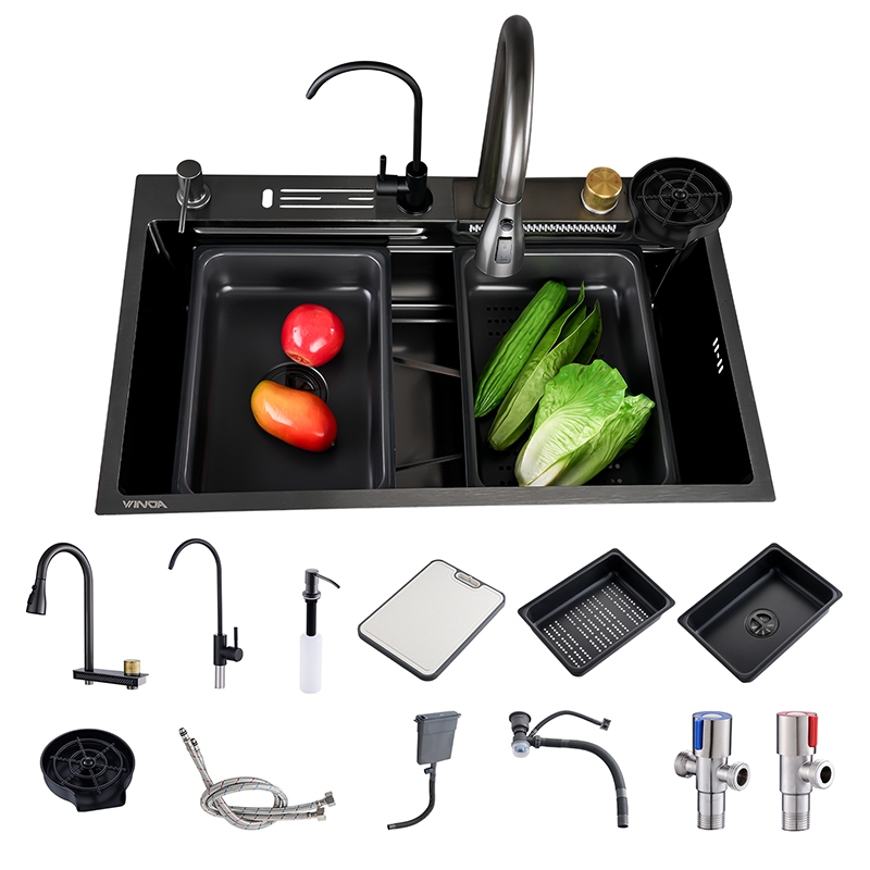 Cuba Pia Aço inox 304 Quadrada 75x45 CM Cozinha Gourmet Com Torneira cor preto luxo