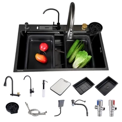 Cuba Pia Aço inox 304 Quadrada 75x45 CM Cozinha Gourmet Com Torneira cor preto luxo