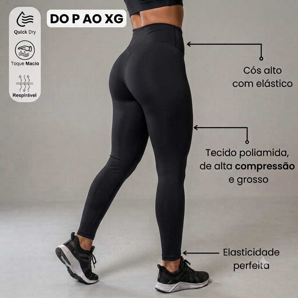 Calça Legging Feminina Poliamida Fitness Cós Alto Grossa Preta Lisa Academia ZERO TRANSPARENCIA
