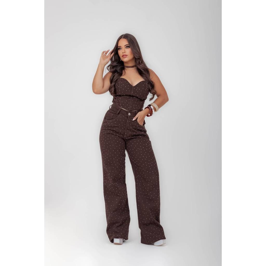 Conjunto Jeans Com Brilho, Wid Leg e croppd, tendência