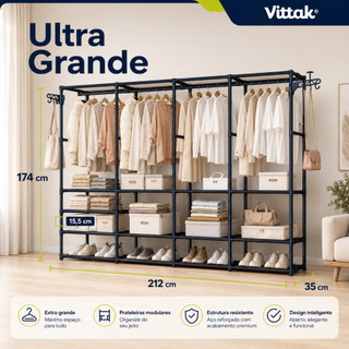 Vittak Guarda Roupa Portátil 4 Divisórias com Cabideiro Arara Sapateira Organizador Multi…