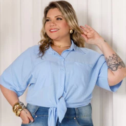 Camisa Feminina Plus Size Viscolinho com Botões Manga Bufante Gola Clássica Leve e Elegante GG ao G3
