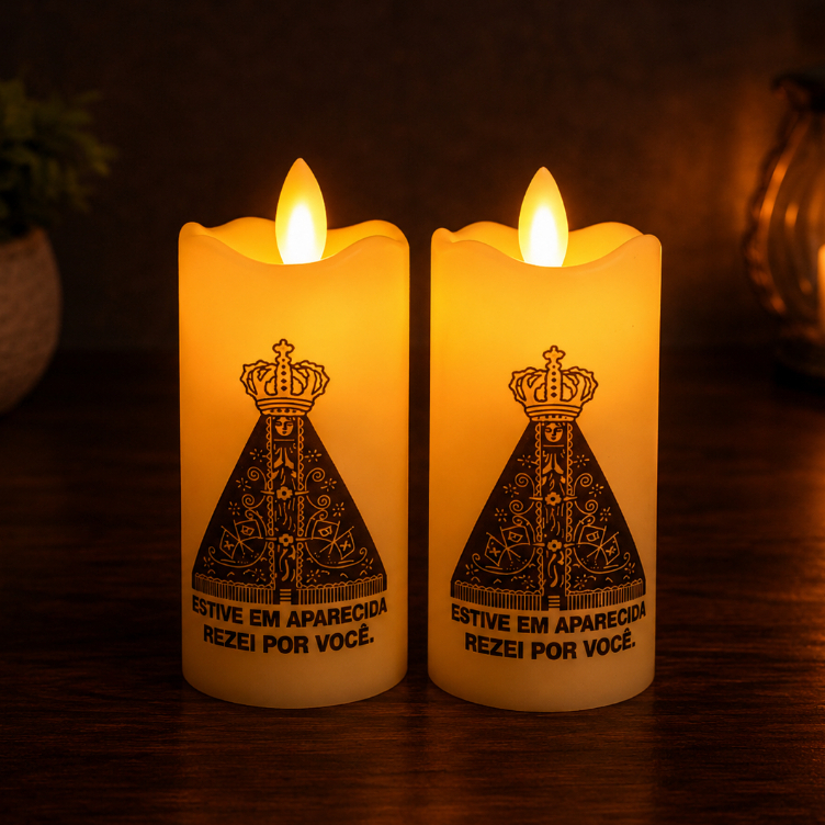 Kit 2 Velas De Led Eletrônica Chama Viva Pilhas Nossa Senhora Aparecida + Pilhas AA