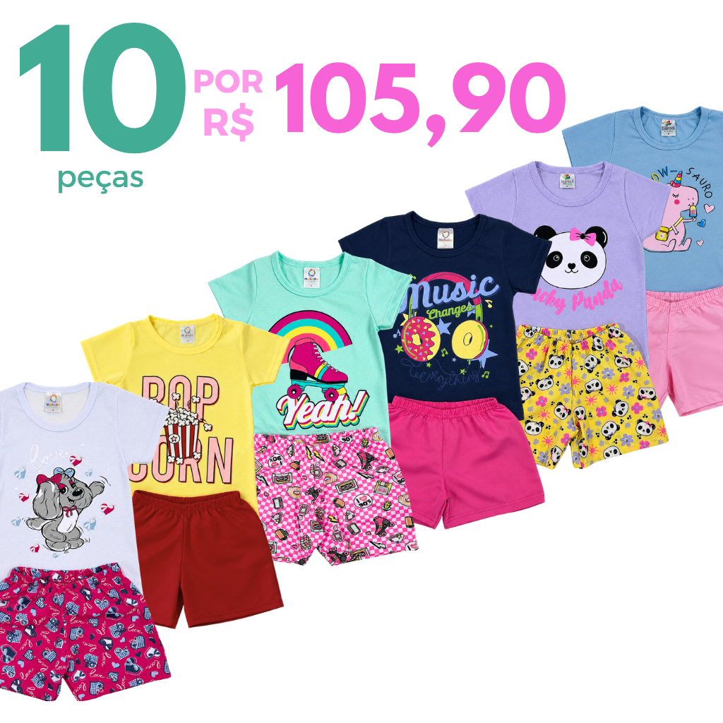 Kit 10 Peças Roupa Infantil Menina Verão Conjunto Sortido Estampado Camiseta + Shorts Liso