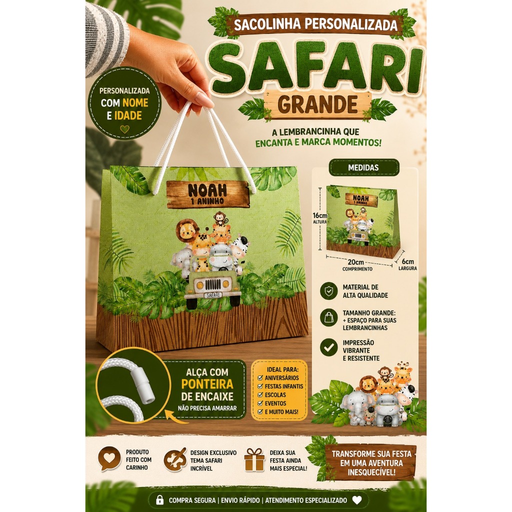 Sacolinha Personalizada Grande Safari Infantil | Lembrancinha de Aniversário | Nome e Idade | Qualquer Tema