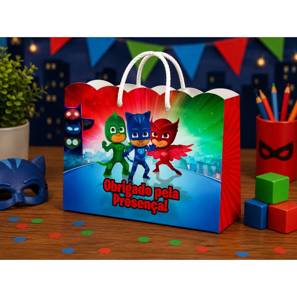 Sacolinha surpresa Personalizada PJ Masks Menino Gato com Alça | Lembrancinha Festa Infantil