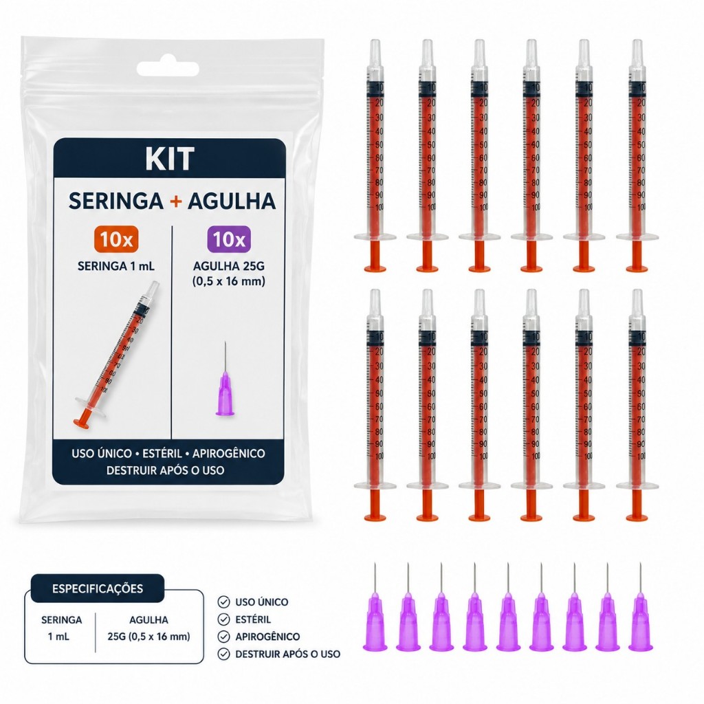 Kit 10 Seringas para Insulina 1mL + 10 Agulhas 20 x 0,55 mm (24G) Estéreis