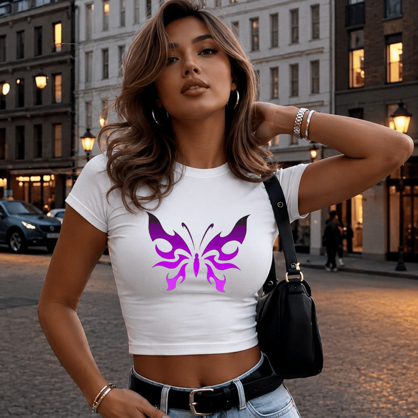 Blusinha Camiseta Baby Look Baby Tee Coladinha Feminina Suplex Estilosa Confortável Basica Estampada Borboleta Roxa