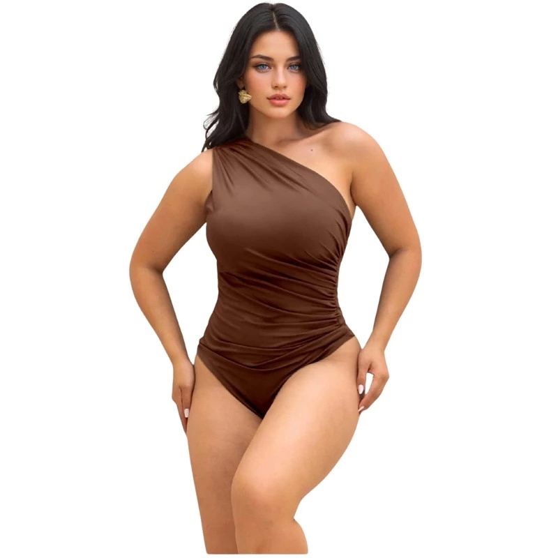 Body Suplex Feminina Plissado Mula Manca Regata Tendencia, Com Forro Um Ombro Tecido Grosso