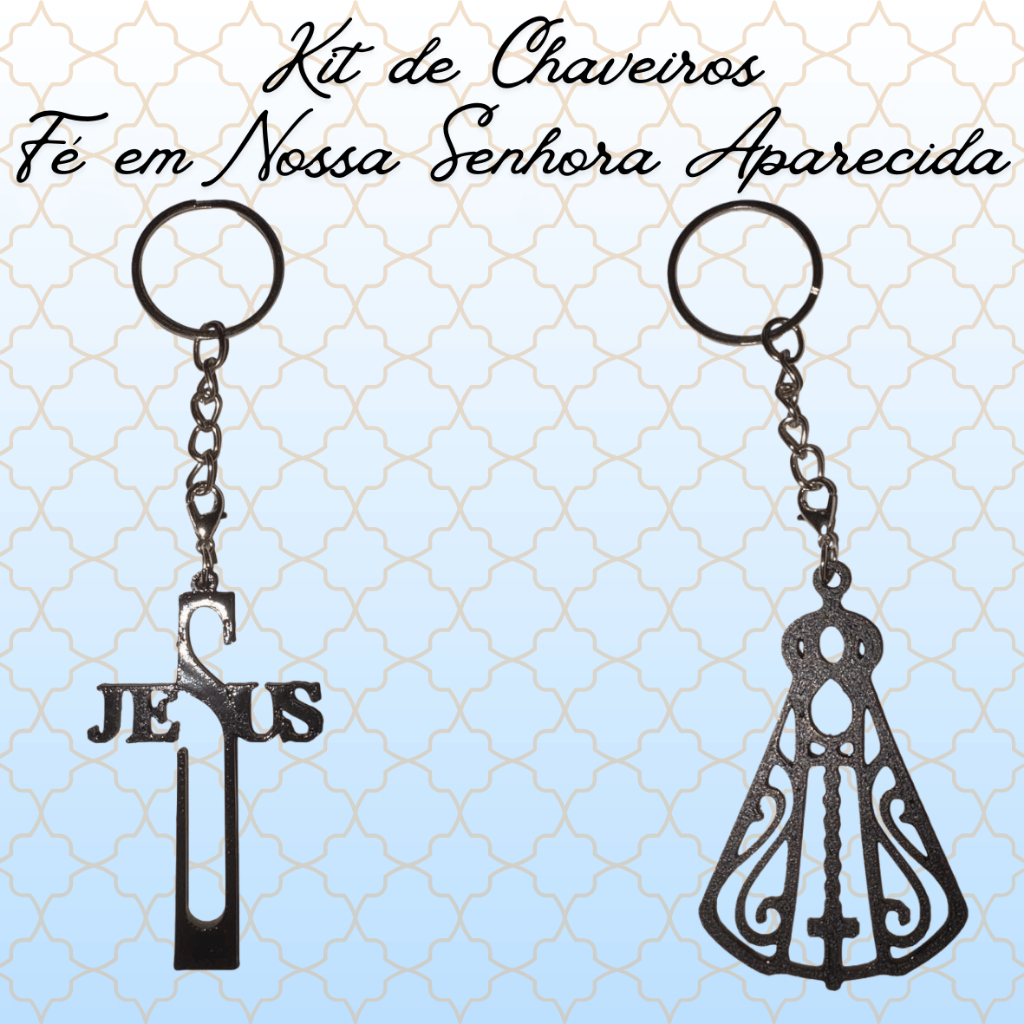 Kit Chaveiros Fé em Nossa Senhora Aparecida - Chaveiros 2 em 1 - Cruz de Jesus e Imagem de Nossa Senhora Aparecida