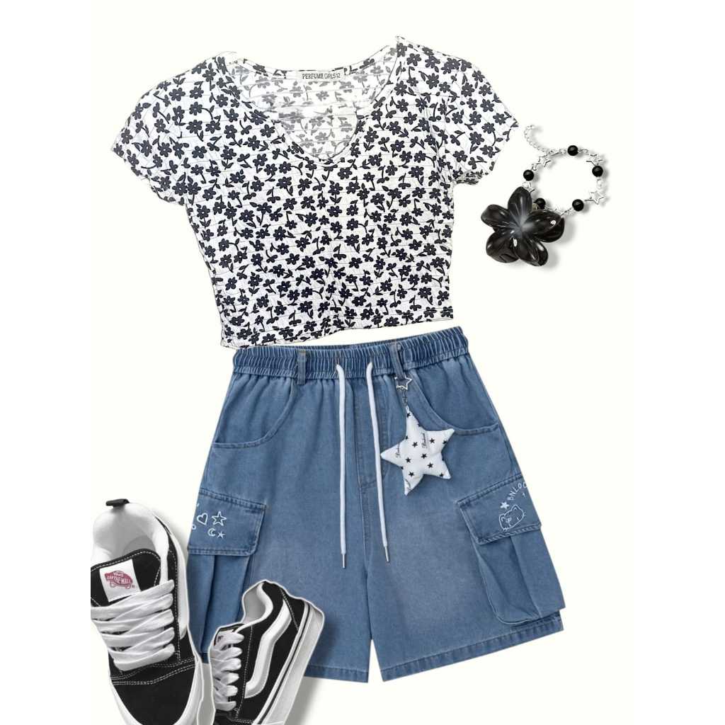 Conjunto 2, Cropped manga princesa,  Floral infantil, crianças- Charmosa e versátil!Tecido leve