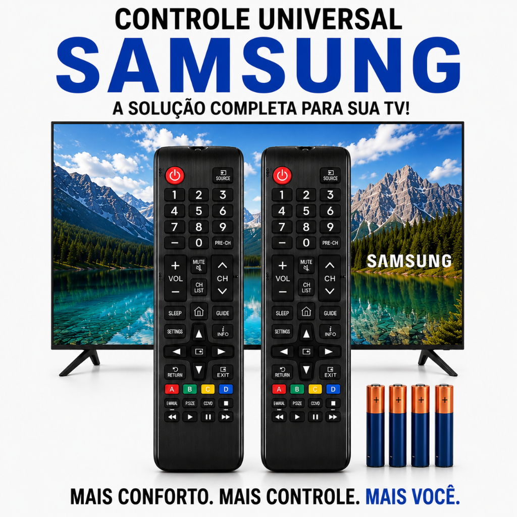 Kit Controle Remoto Universal Samsung Compatível Smart TV LED LCD QLED + 4 Pilha