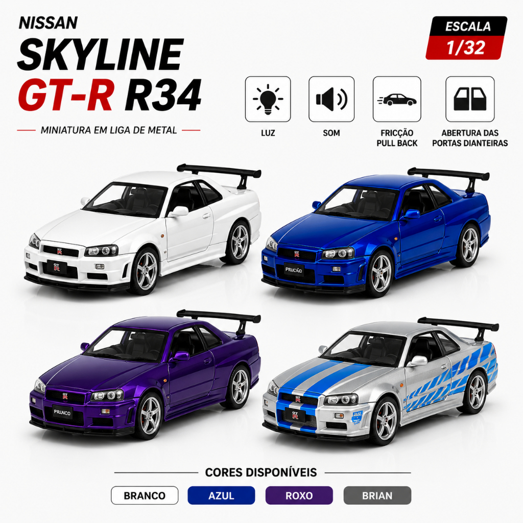 Miniatura Nissan Skyline GT-R R34 Velozes e Furiosos Escala 1:32 Abre Portas Luz Som Die Cast Premium