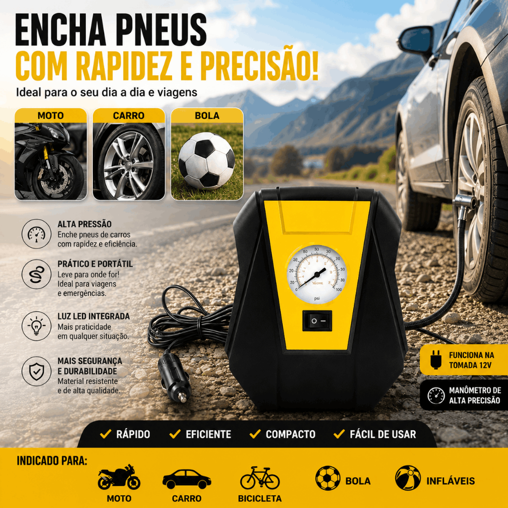 Mini Compressor de Ar Portátil 12V Enche Pneu Carro Moto Bicicleta Bola Infláveis Calibrador Alta Pressão