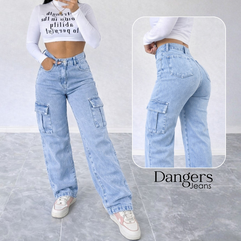 Calça Wide Leg Jeans Feminina CARGO Cintura Alta Sem Lycra