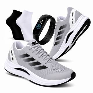 Kit Tênis Masculino Esportivo Leve Macio Confortável Antiderrapante Estiloso Ideal Caminhada Corrida + Relógio e Meia