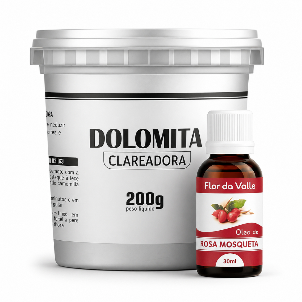 Dolomita Clareadora 200g Pote mais Óleo de Rosa Mosqueta 30ml Cuidados Naturais com a Pele