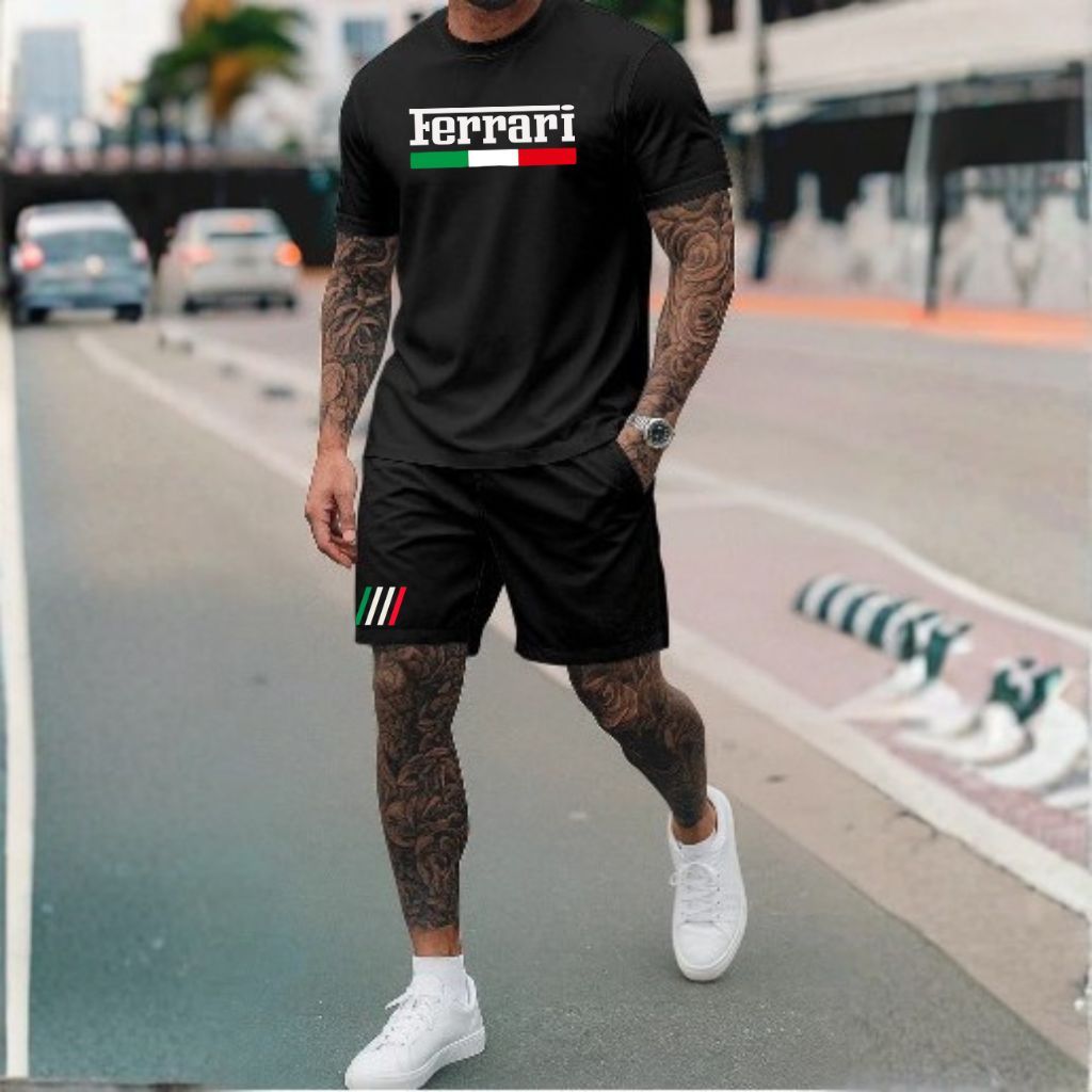 Conjunto Kit Camiseta + Short Estiloso Camisa 100% Algodão Bermuda Tactel Estampado Ferr Italia Esporte Academia Carros