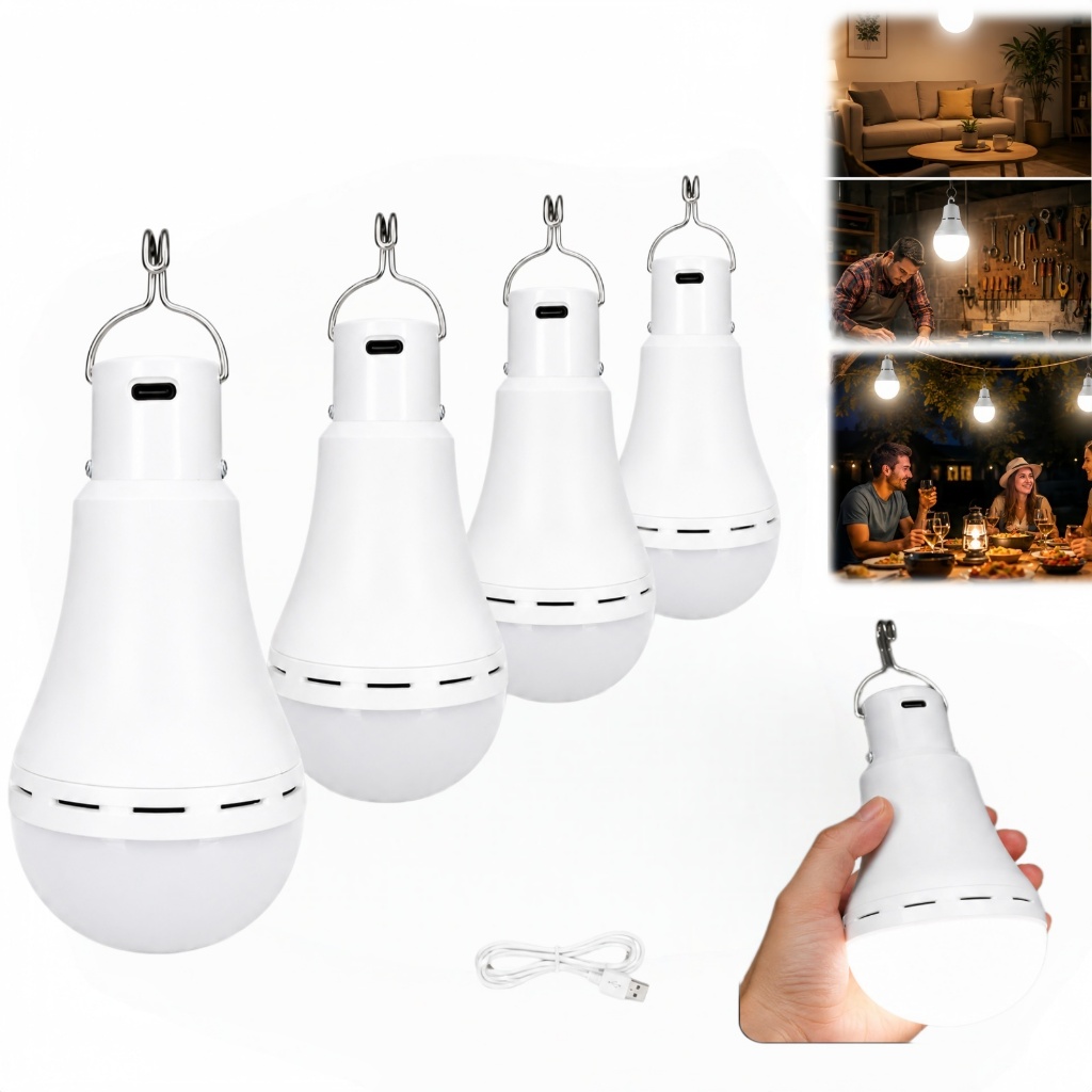 Kit 4 Luminaria Emergencia Lampada Leds Recarregável Bivolt Luz Branca (Branco Frio 6,500K)