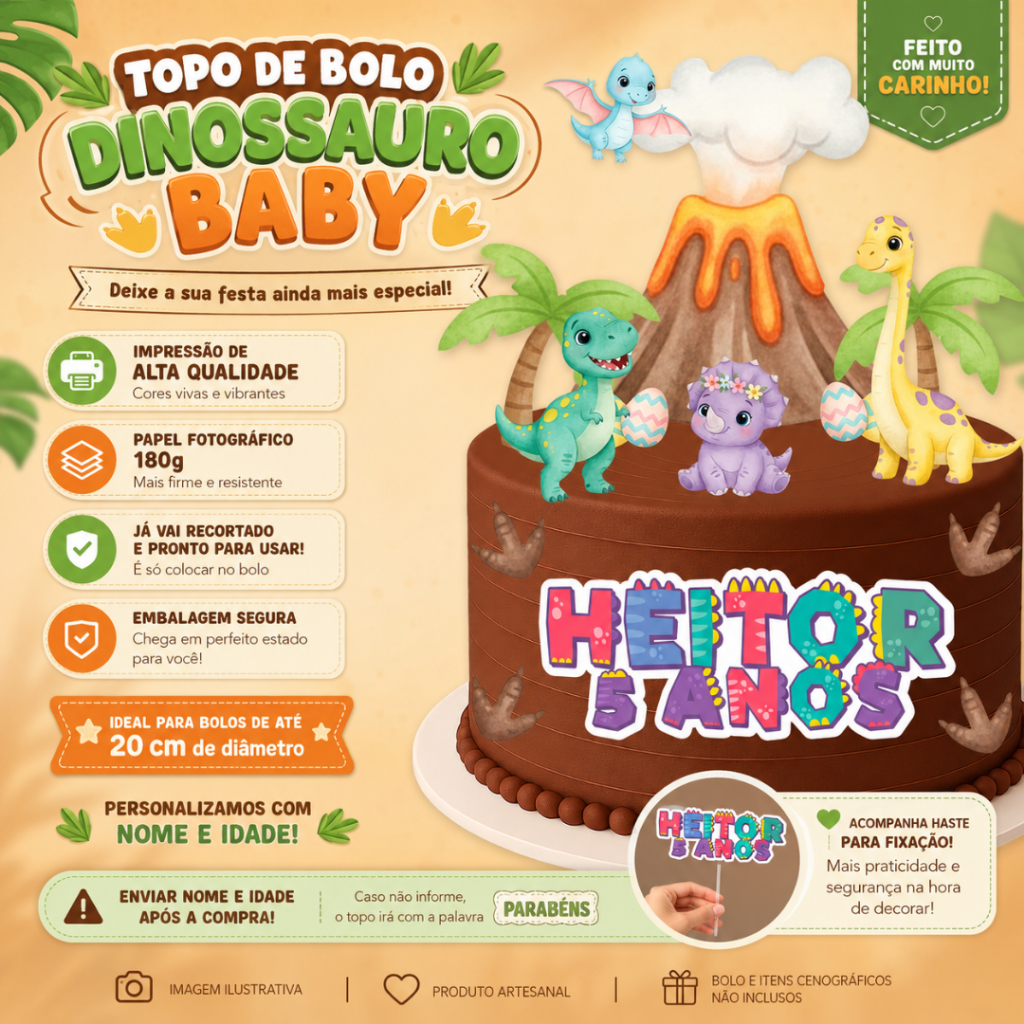 Topo de Bolo Dinossauros | Topper para Bolo | Personalizado com nome e idade | Mesversário - Aniversário  Dinossauros