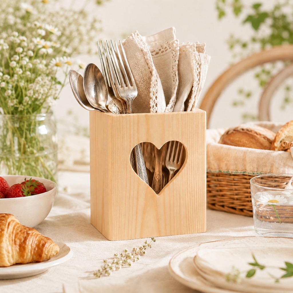 Porta Talher Utensílios Cozinha Madeira Pinus Coração Delicado Organizador Mesa Posta Decoração