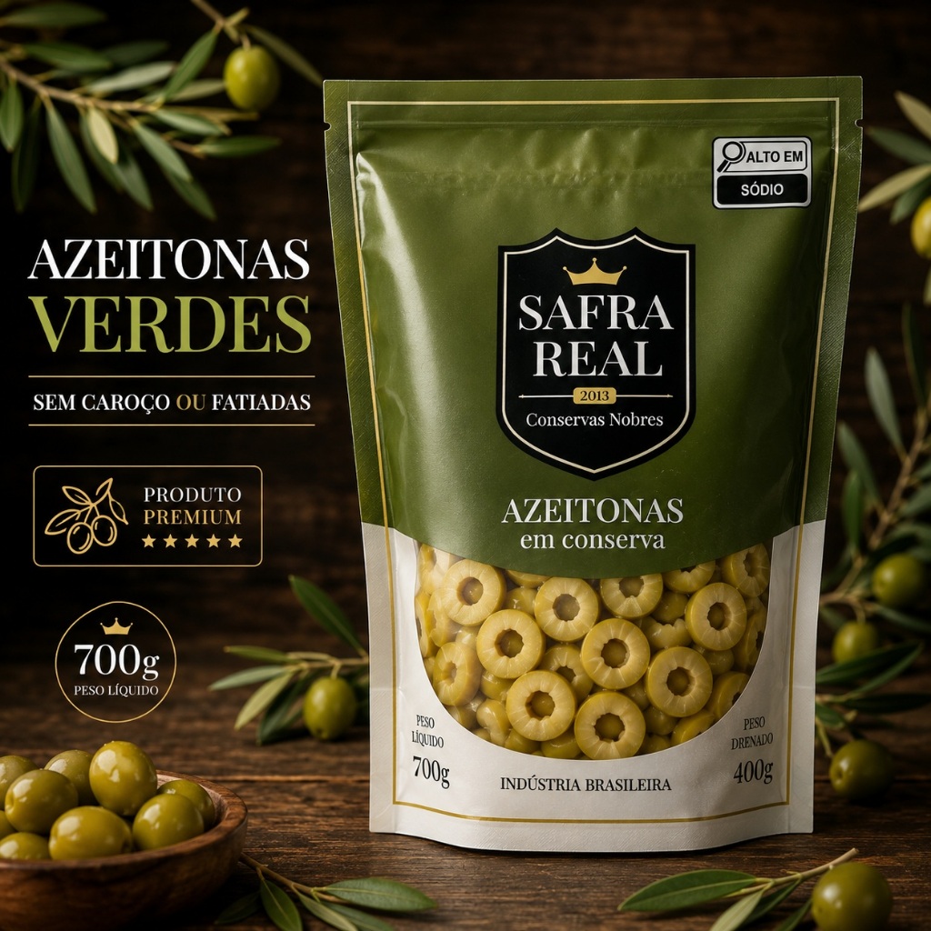 Azeitona Verde Safra Real 700g Sem Caroço ou Fatiada | Conserva Premium 400g Drenado — imagem 2 de 2