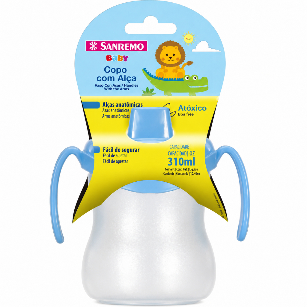 Copo Infantil De Transição Com Alça Sanremo Baby 310ml Antivazamento Bpa Free Bebê 6 Meses Com Bico Treinamento