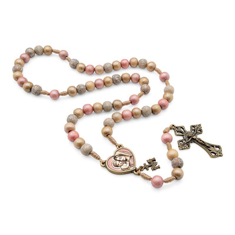 Terço Mãe de Todas as Mães Mariano Nossa Senhora em Madeira Imbuia Color Rosa