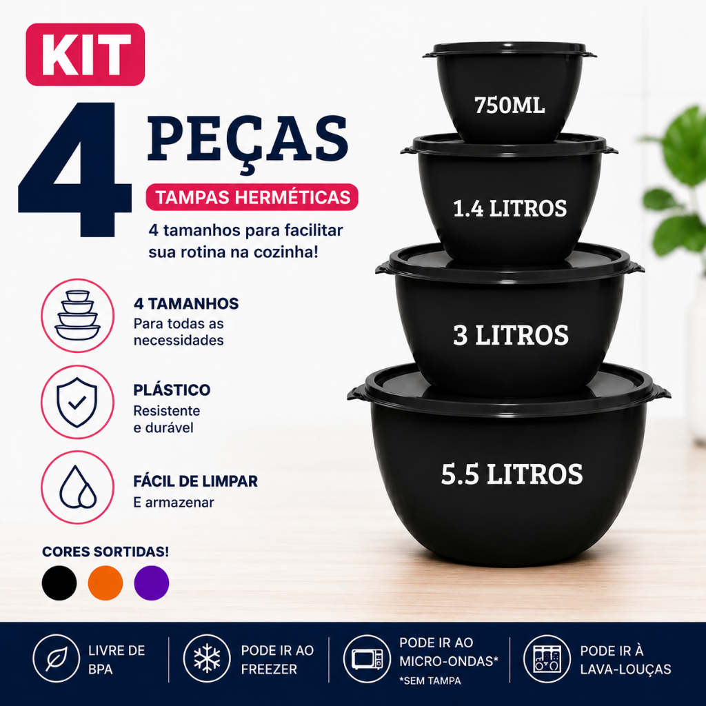 Kit 4 Potes Plásticos Saladeira com Tampa Vedação Hermética Diversas Cores Kit Cozinha