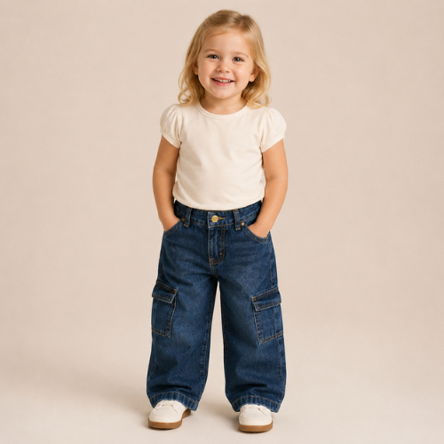 Calça Jeans Cargo Infantil Bebê Menina Regulagem no Cós Lordan
