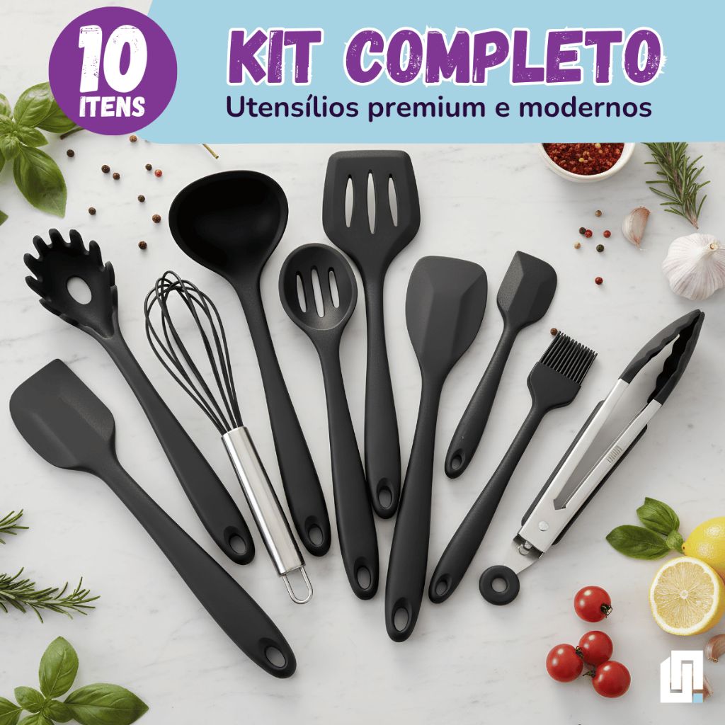 Kit 6 9 ou 10 Peças Conjunto Utensílios Cozinha Silicone Inox Jogo Colheres Pegador Concha Espátula