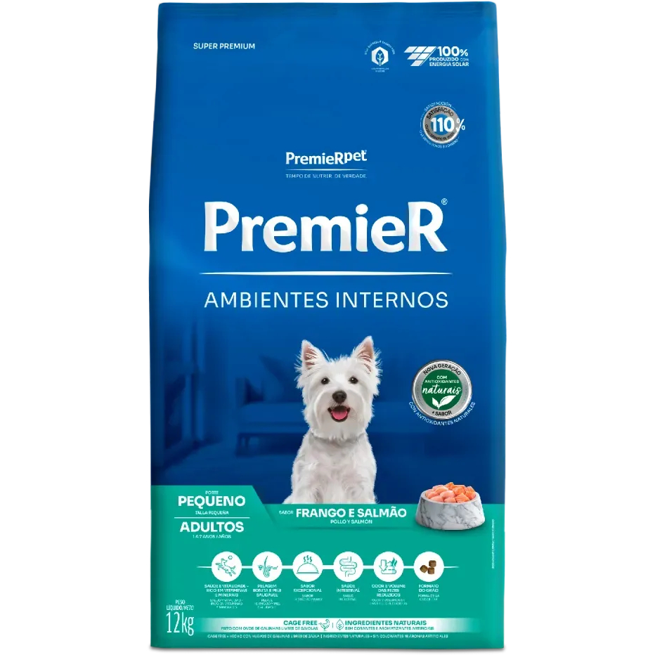 Ração Premier Ambientes Internos Adultos Raças Pequenas Frango e Salmão 12 kg