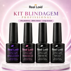 Kit Blindagem Profissional Unhas em Gel Real Love Completo Primer Base Top Coat Desidratador UV LED