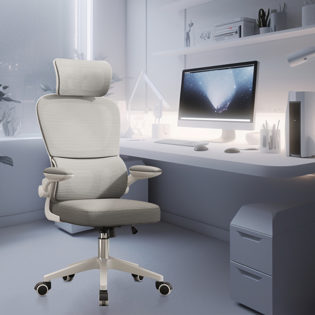 Cadeira de Escritório Ergonômica Com Apoio Lombar e Apoio de Cabeça Cinza com estofado de mesh