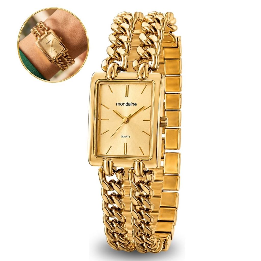 Relógio Mondaine Feminino Quadrado De Pulso Dourado Com Pulseira Trançada Corrente Elegante Em Aço Inoxidável Original