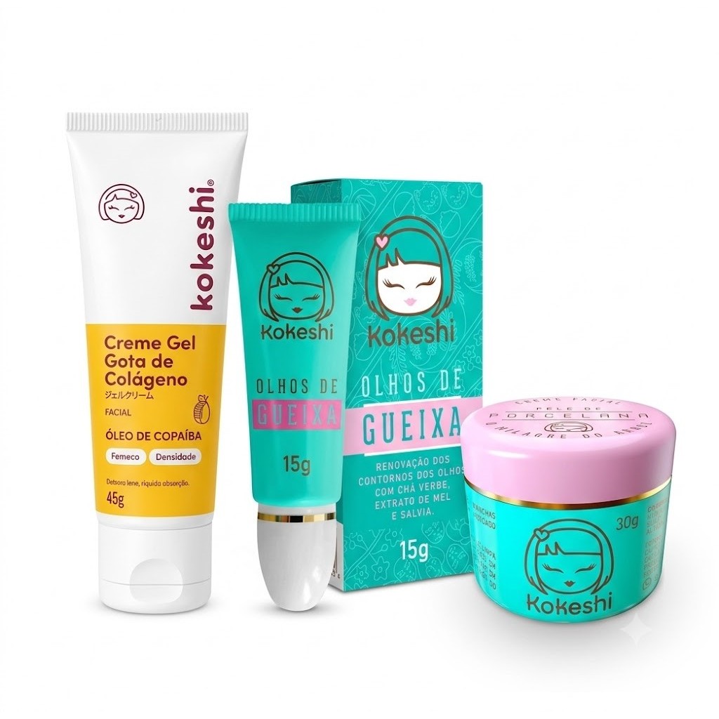 Kit Skincare Kokeshi Creme Gel Colágeno 45g + Olhos de Gueixa 15g + Creme Facial Pele de Porcelana 30g