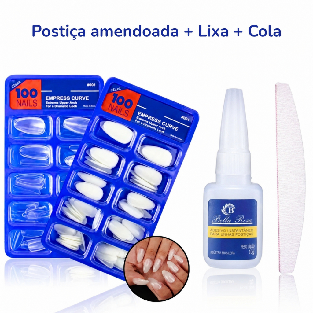 KIT 100 UNHAS POSTIÇAS AMENDOADA ALMOND BAILARINA NATURAL REALISTA + COLA UNHA + LIXA BUMERANGUE UNHA 100 180