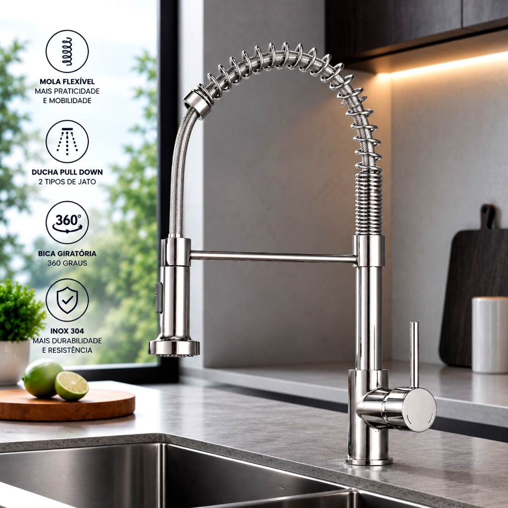 Torneira Cozinha Gourmet Inox Misturador Monocomando Com Spray Extensor Flexível