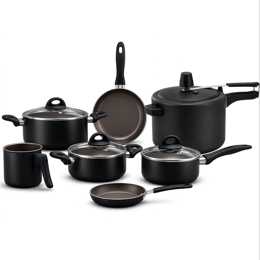 Jogo de Panelas 7 Peças Com Panela de Pressão 7,5 Litros Brinox Ceramic Life Preto