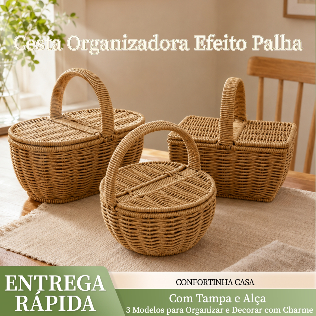 Cesta Organizadora Plástica com Tampa e Alça Efeito Palha para Piquenique e Decoração